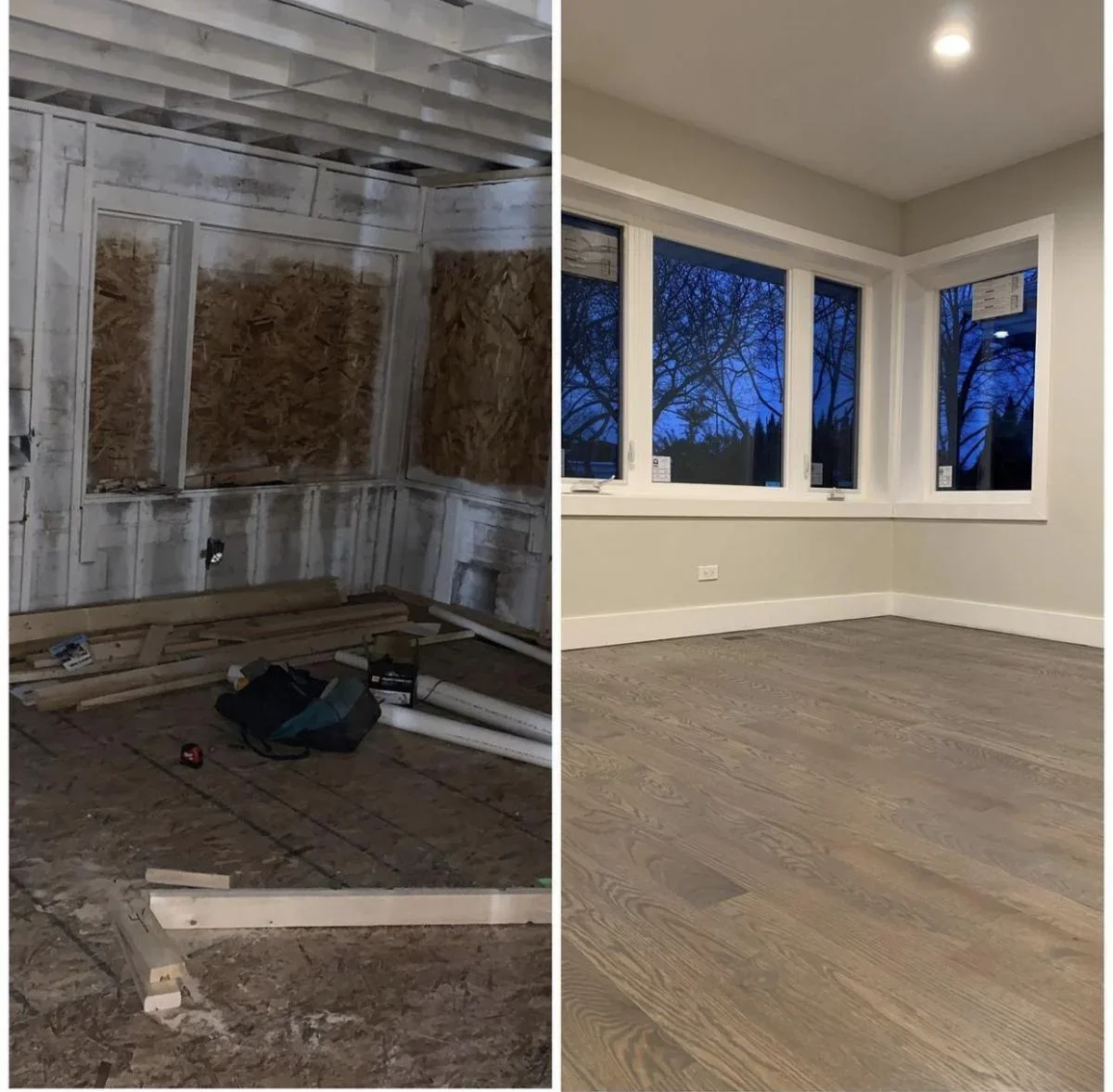 Before and after images of a room transformation, showing remodeling progress with an unfinished wall on the left and a finished room with new window installation and hardwood flooring on the right.