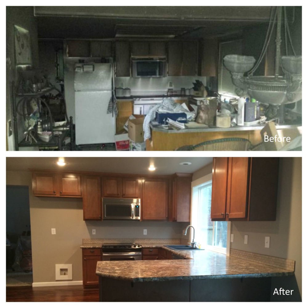 Comparison of a kitchen before and after remodeling. The before photo shows a cluttered, outdated kitchen with dark cabinetry, and clutter on the countertops. The after photo displays a modern, clean kitchen with new wooden cabinets, granite countert