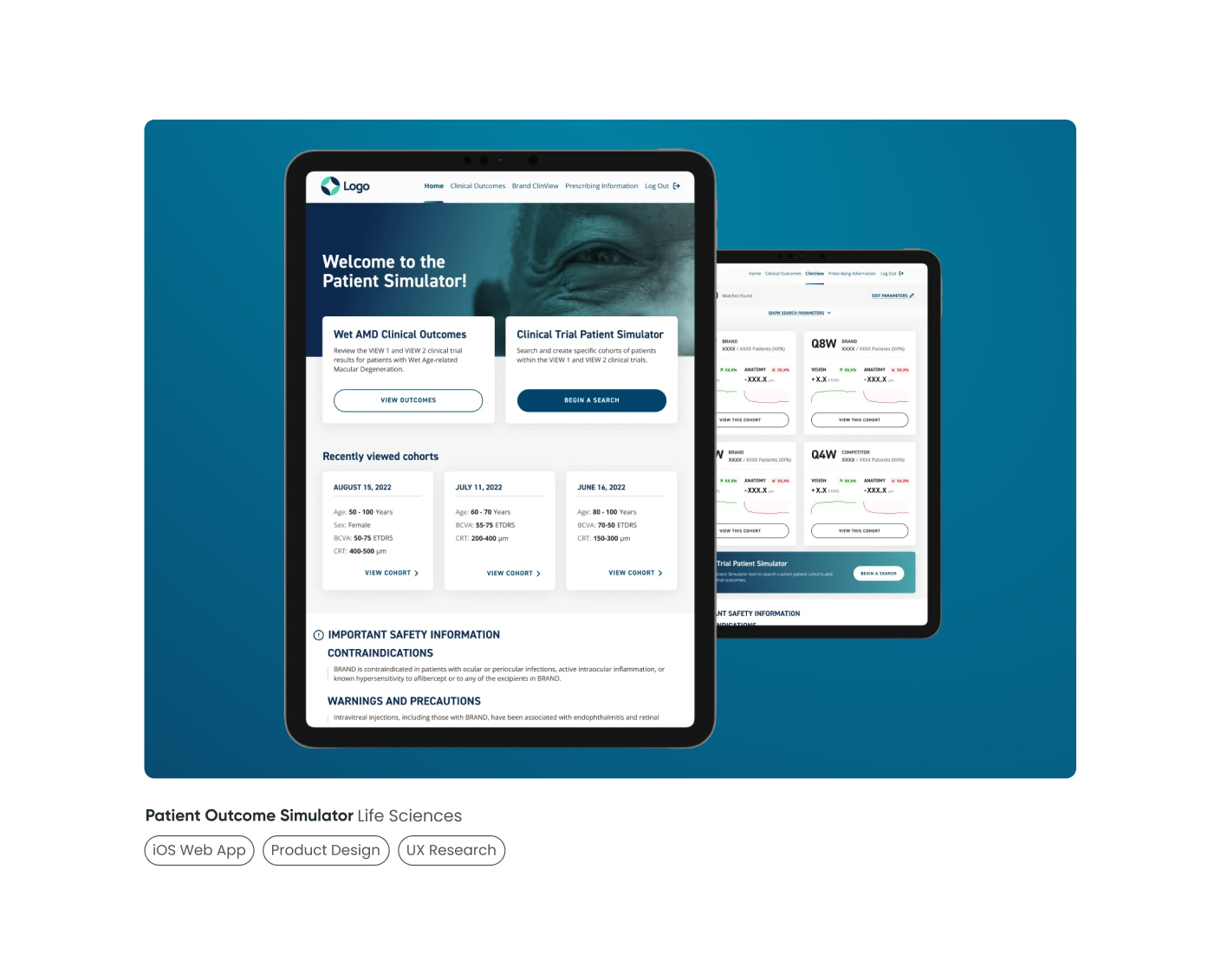 A digital mockup of a patient outcome simulator web app displayed on two tablets against a blue background. The app has a welcoming message, options for clinical outcomes, recent cohort views, safety information, and a search feature.