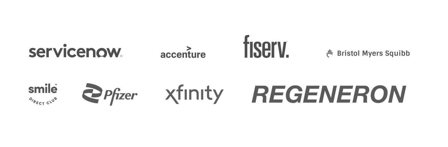 Collection of logos from various companies including Servicenow, Accenture, Fiserv, Bristol Myers Squibb, Smile Direct Club, Pfizer, Xfinity, and Regeneron.