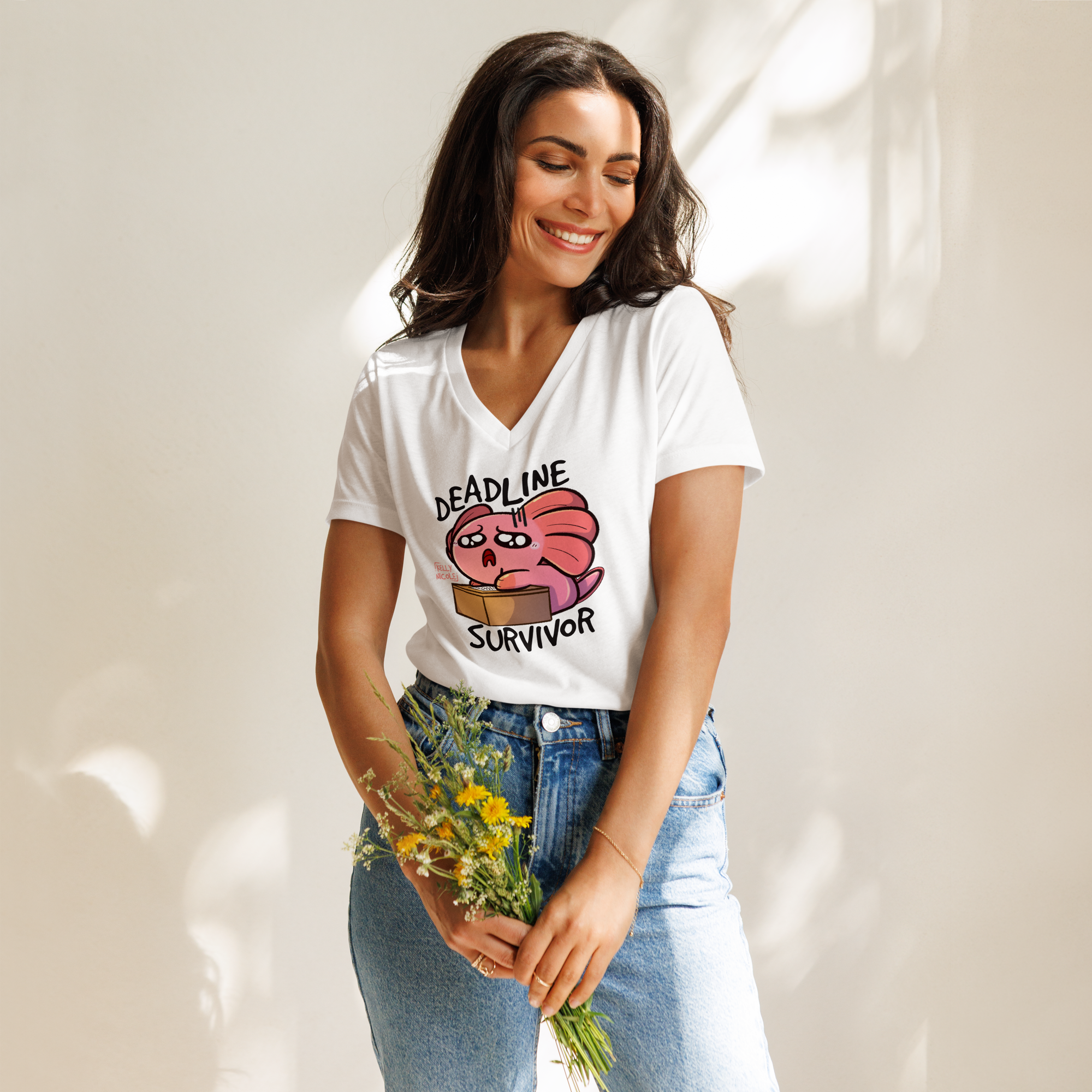 Deadline Survivor, Spud the Axolotl relaxed v-neck t-shirt
