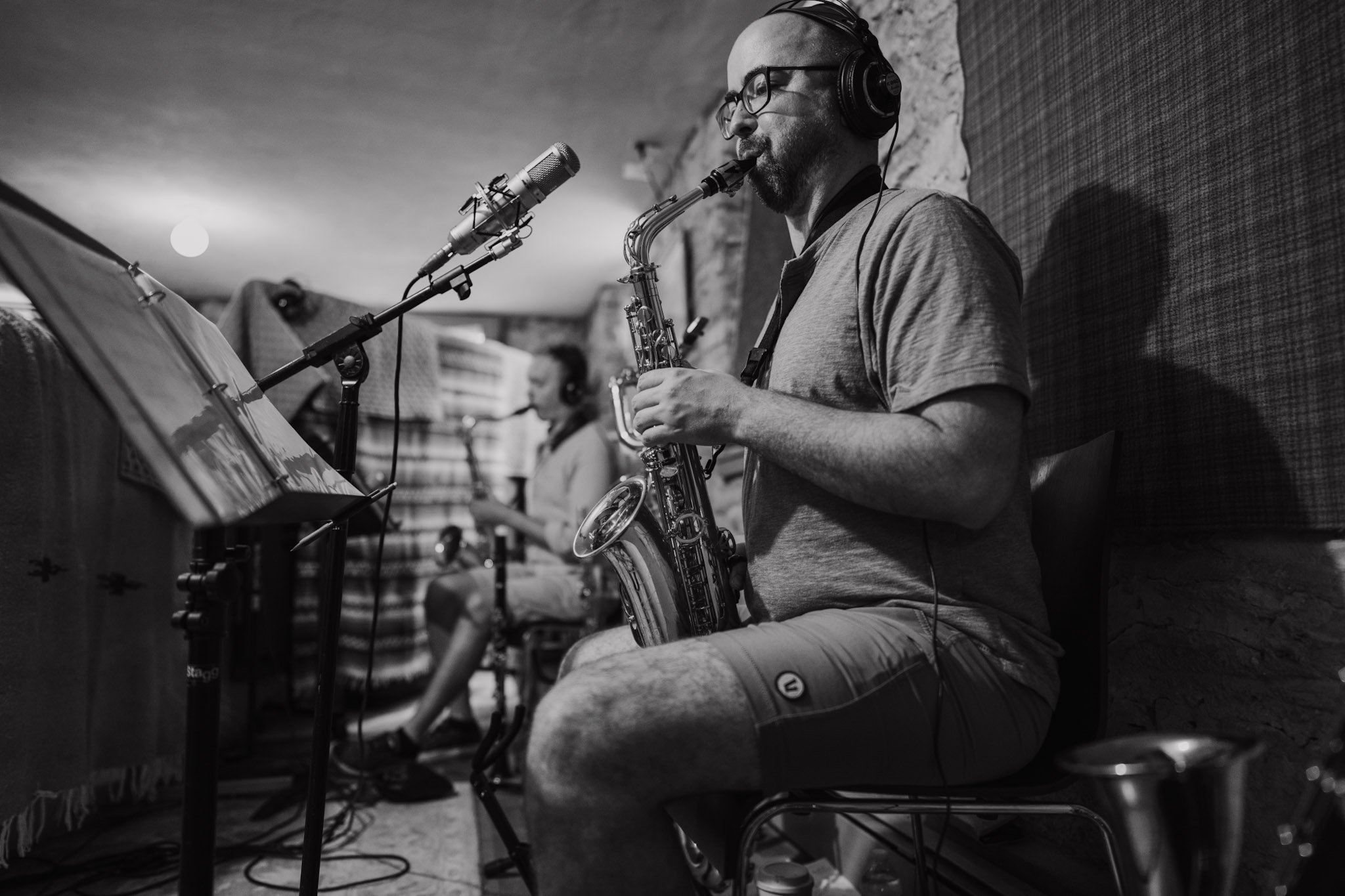 A saxophonist at the Esteban recording session.