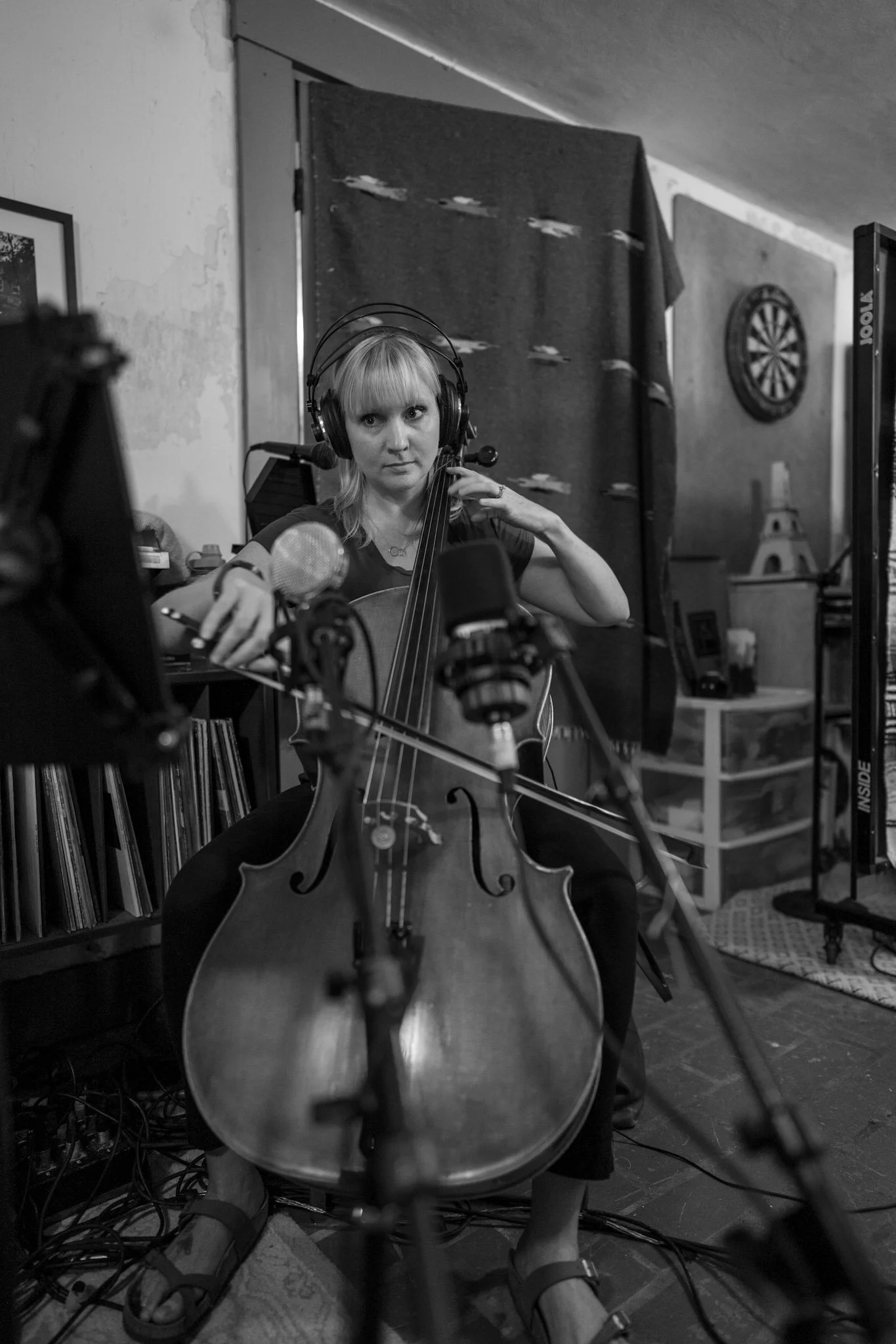 A cellist, playing cello during the Esteban recording session