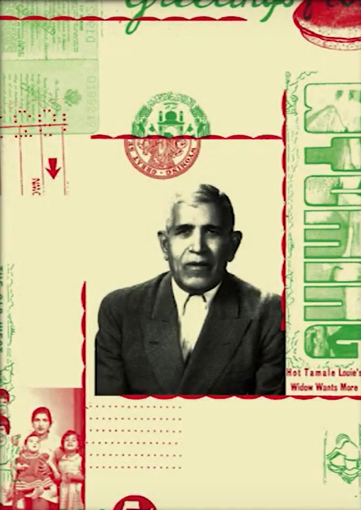 Black and white photograph of a man in a suit on a colorful lottery ticket or poster. The background features green and red text and images, including children and medical symbols.