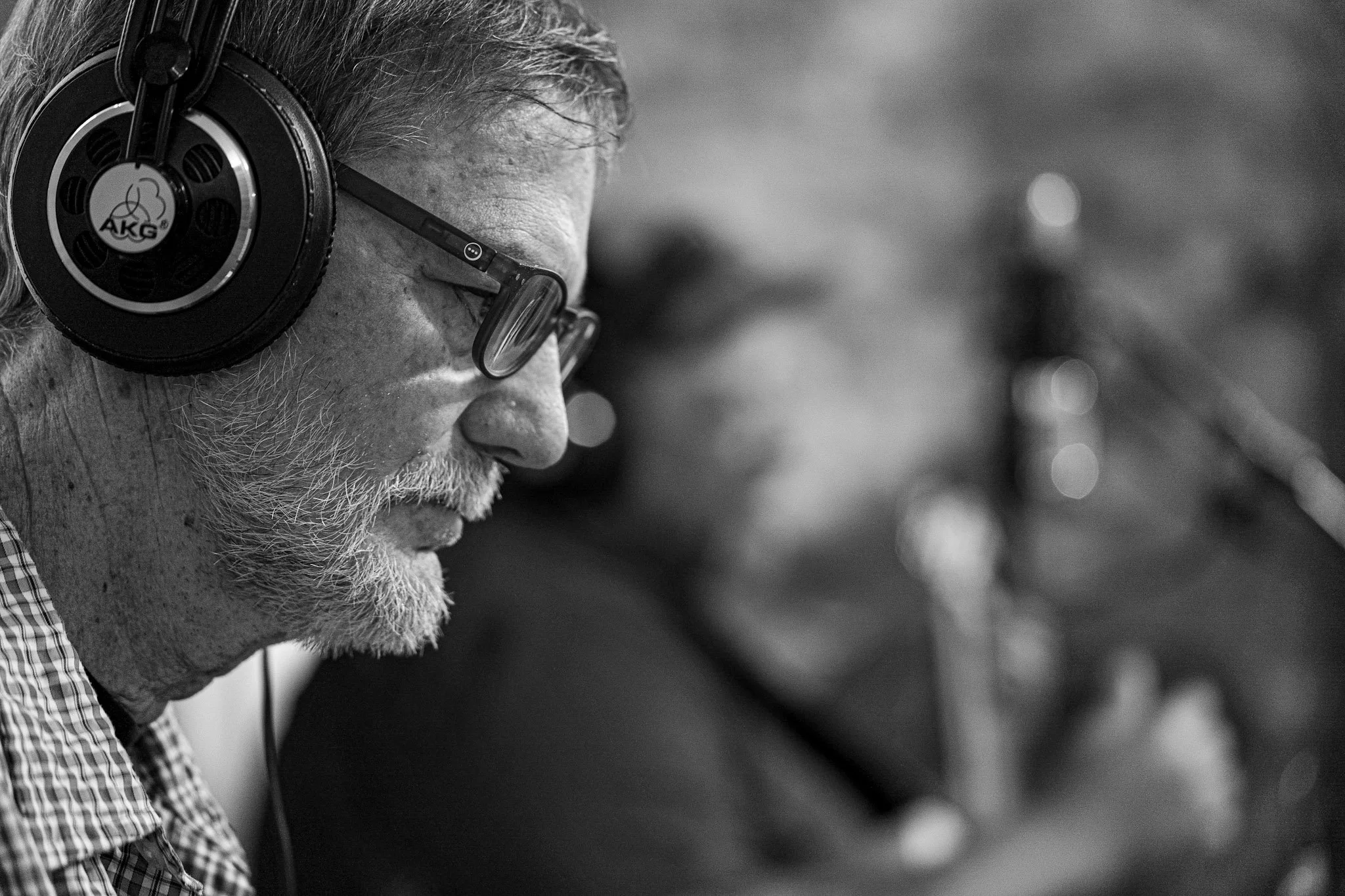A close-up of John Rapson, focused, during the Esteban recording session.