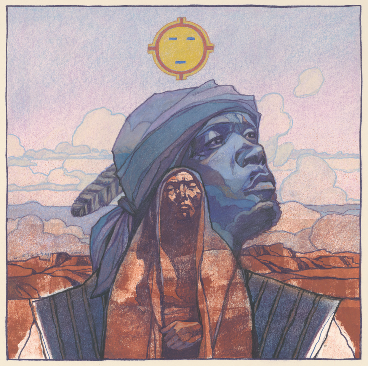 A colorful drawing of a Native American chief with a large feather headdress, set against a desert landscape with clouds and mountains, and a yellow sun with blue eyes and a blue mouth in the sky.