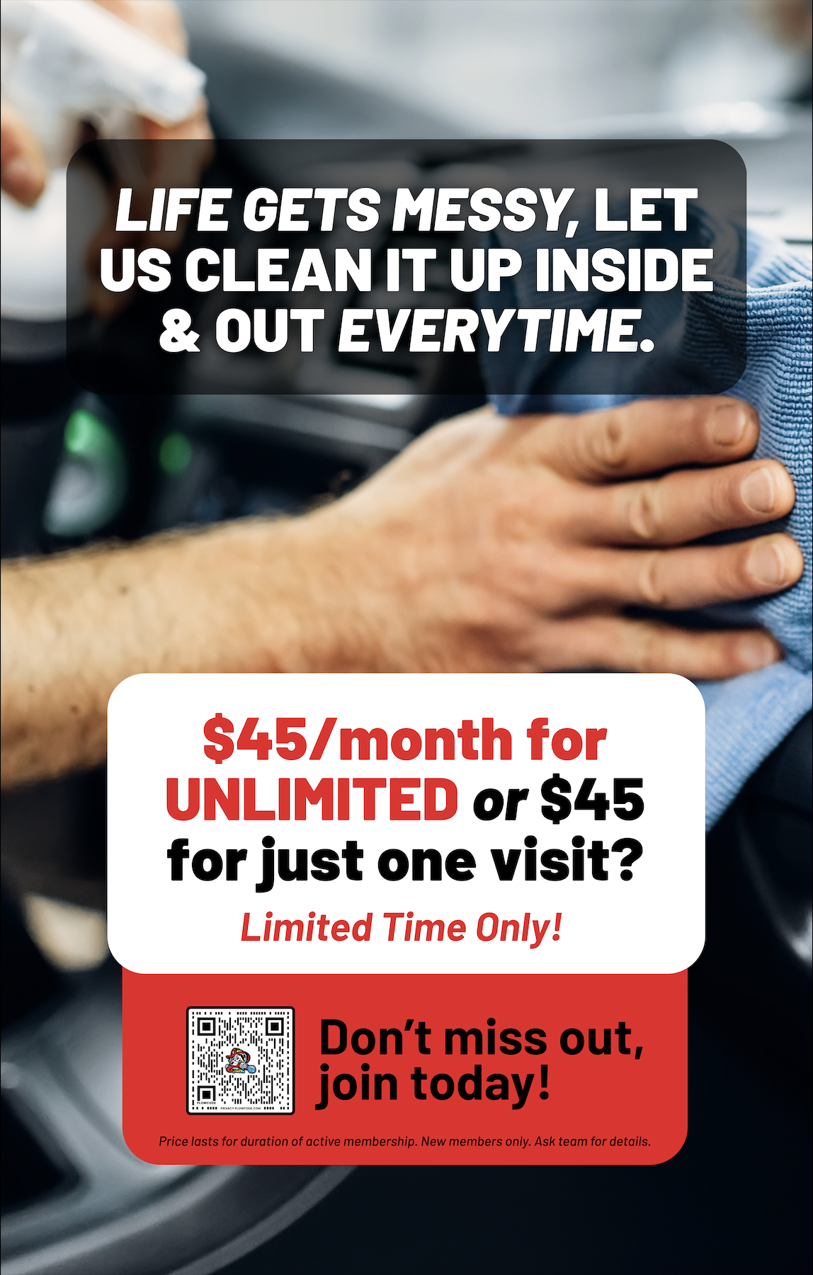 Poster supporting Dirty Dog's of Kennesaw's Unlimited Interior Clean Membership offer, placed in the customer waiting area for interior cleans.