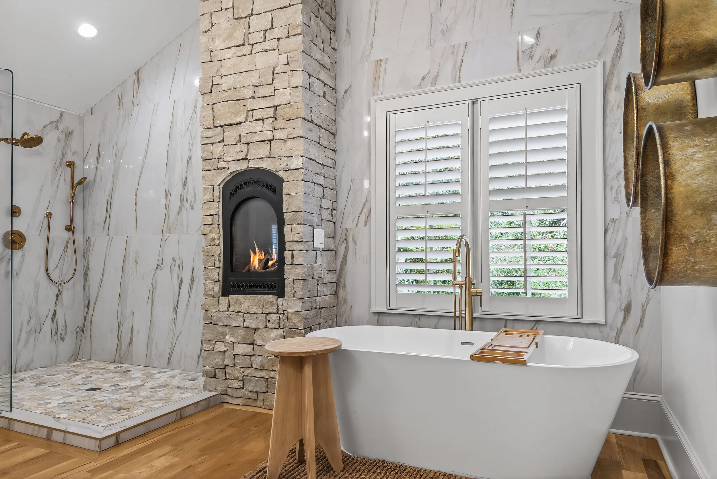 Double door entry way with stone flooring