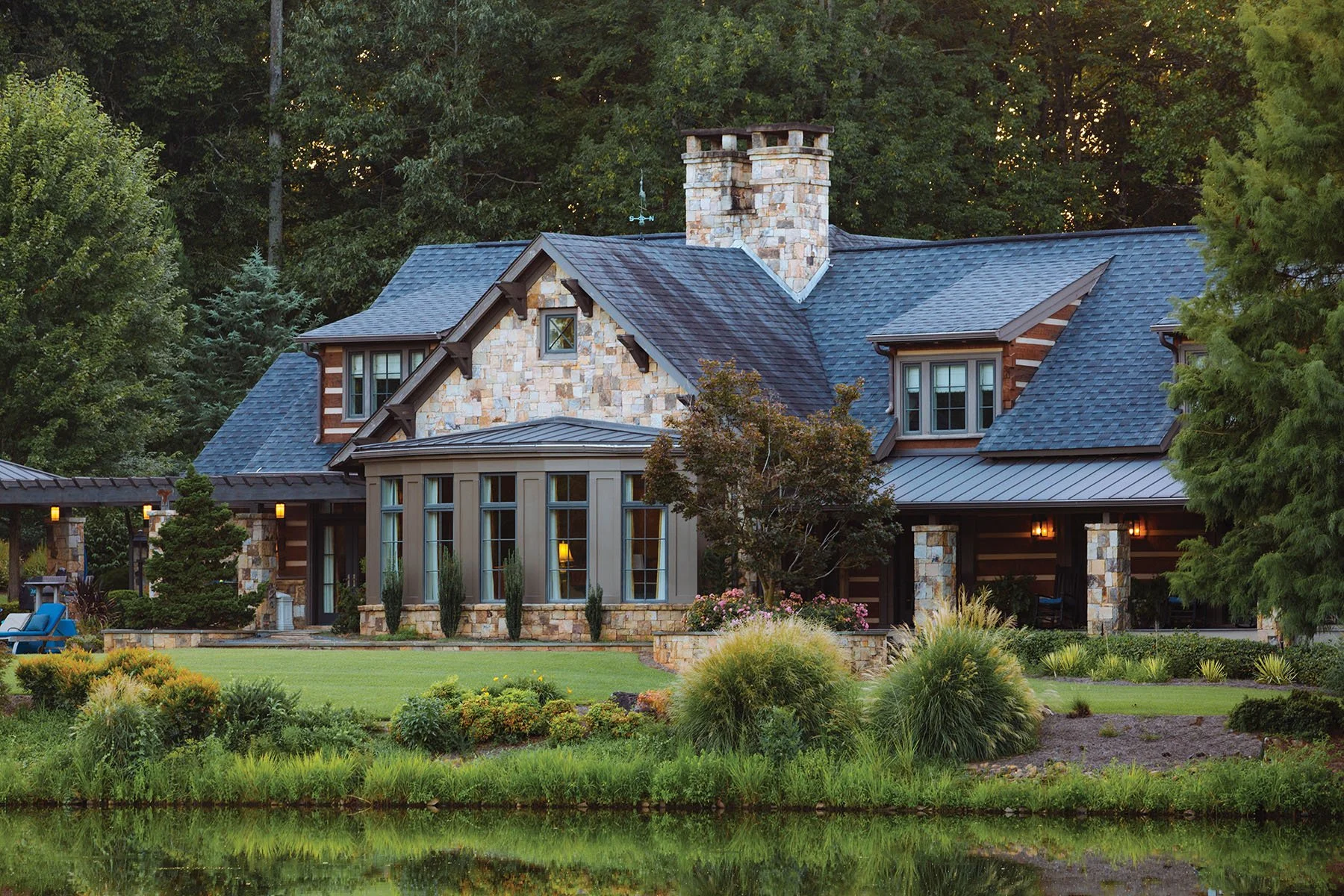 Stone house with lake view front