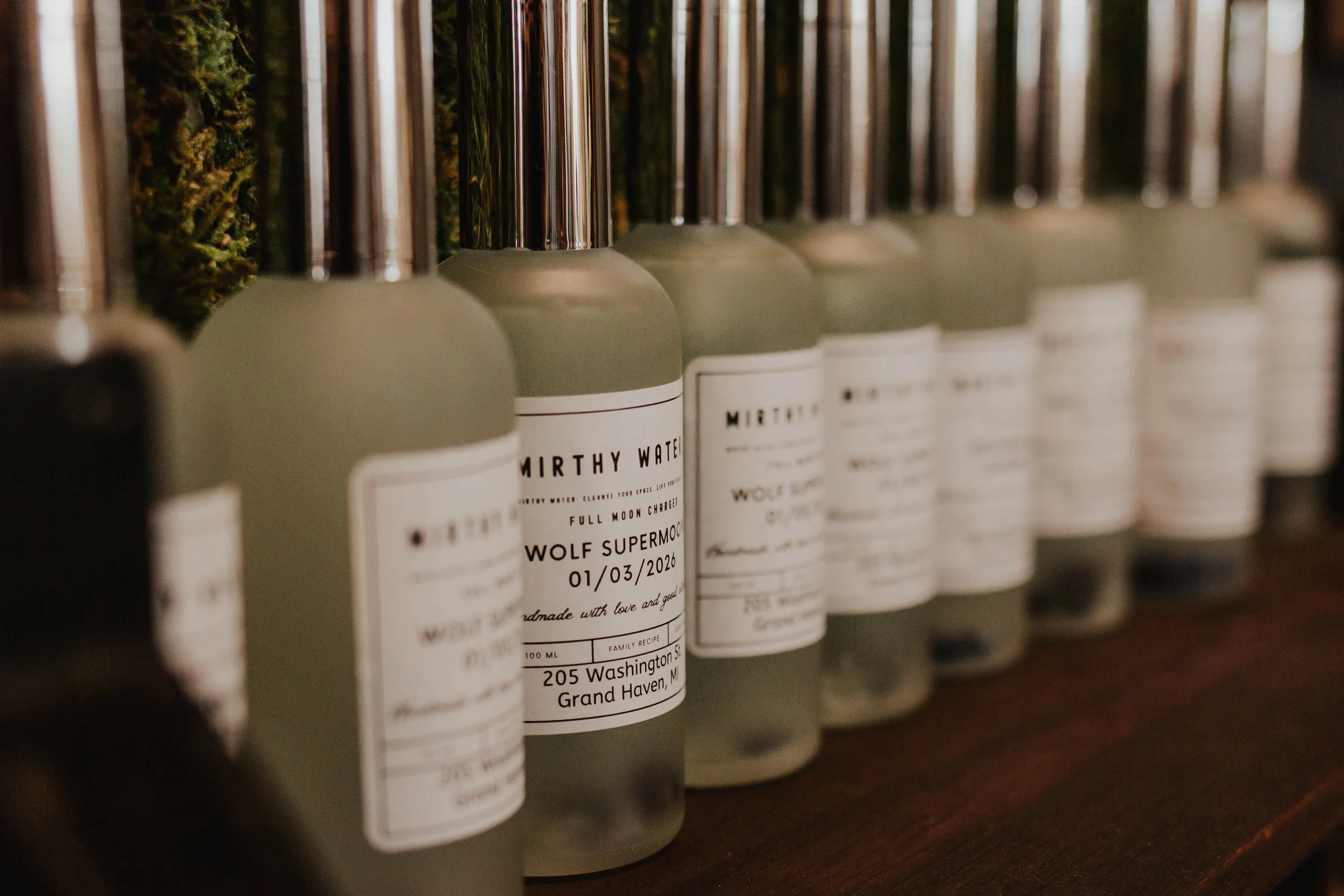 Mirthy Moon water in bottles on a shelf