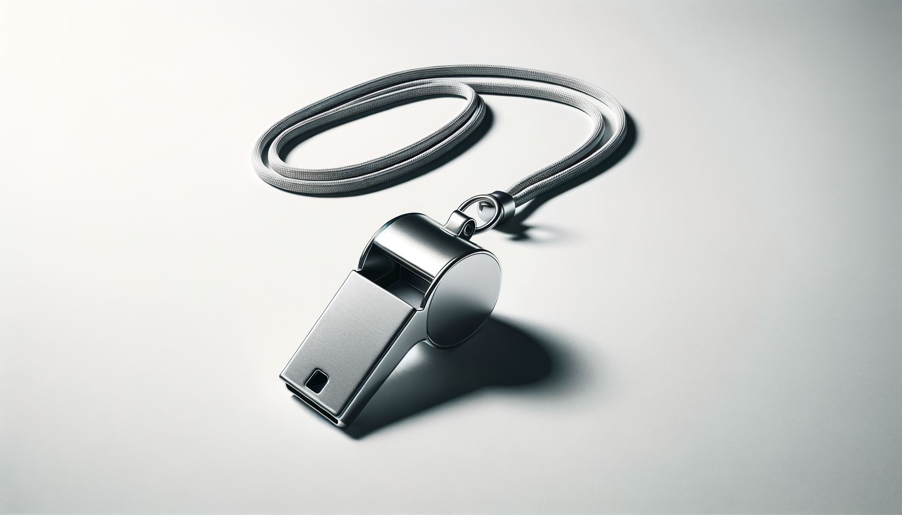 A silver metallic portable USB flash drive with a matching silver lanyard coiled beside it, on a plain light gray background.