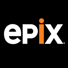 Epix logo in white with orange 'i' on a black background