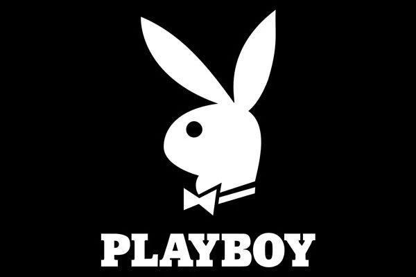 Black background with white Playboy bunny logo wearing a bowtie and the word 'PLAYBOY' underneath.