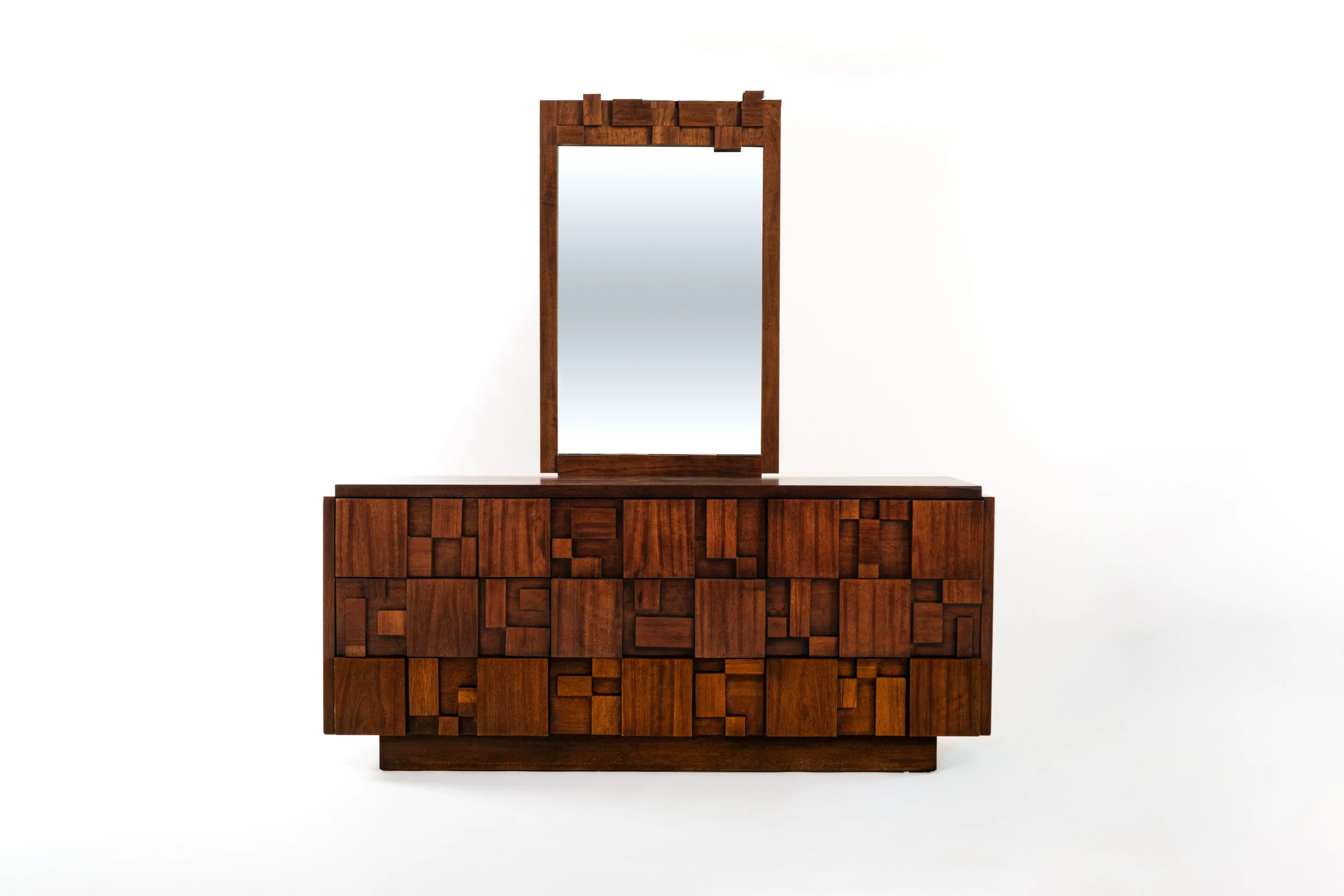 Lane Staccato Brutalist Walnut Dresser with Mirror