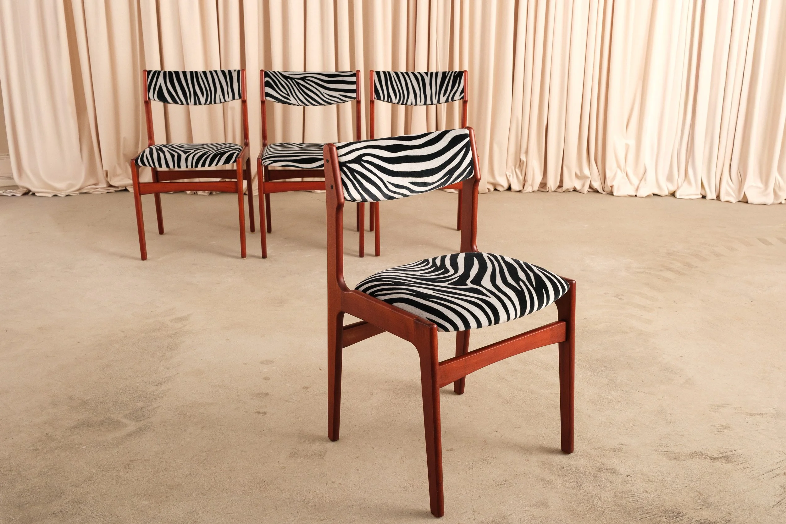 Set of 4 1960s Danish Modern Teak Dining Chairs in Zebra Print Upholstery