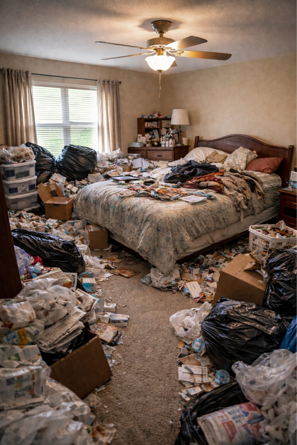 A bedroom with an unmade bed covered in clutter and scattered trash, including garbage bags, cardboard boxes, and papers, with a window with closed blinds and curtains in the background.