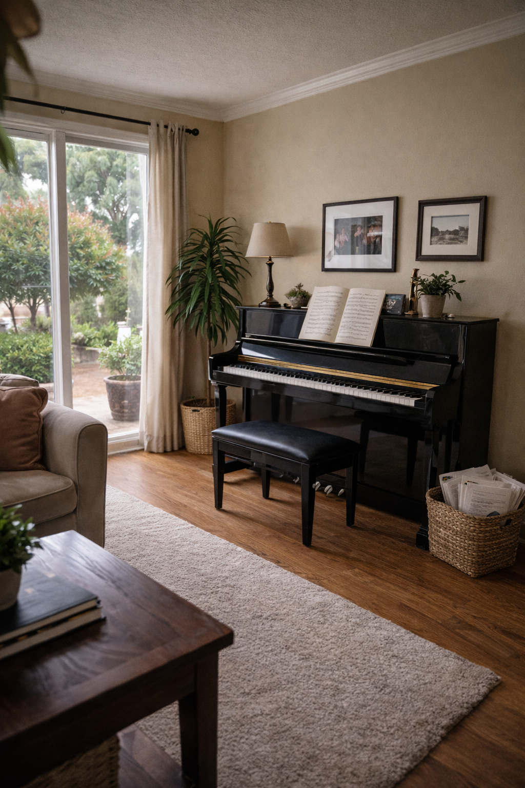 Living room with a black upright piano, sheet music on top, two framed pictures above, a beige couch, a sliding glass door with beige curtains, a large indoor plant, a wicker basket, and a wooden coffee table with books, with a view of an outside garden with trees and potted plants.