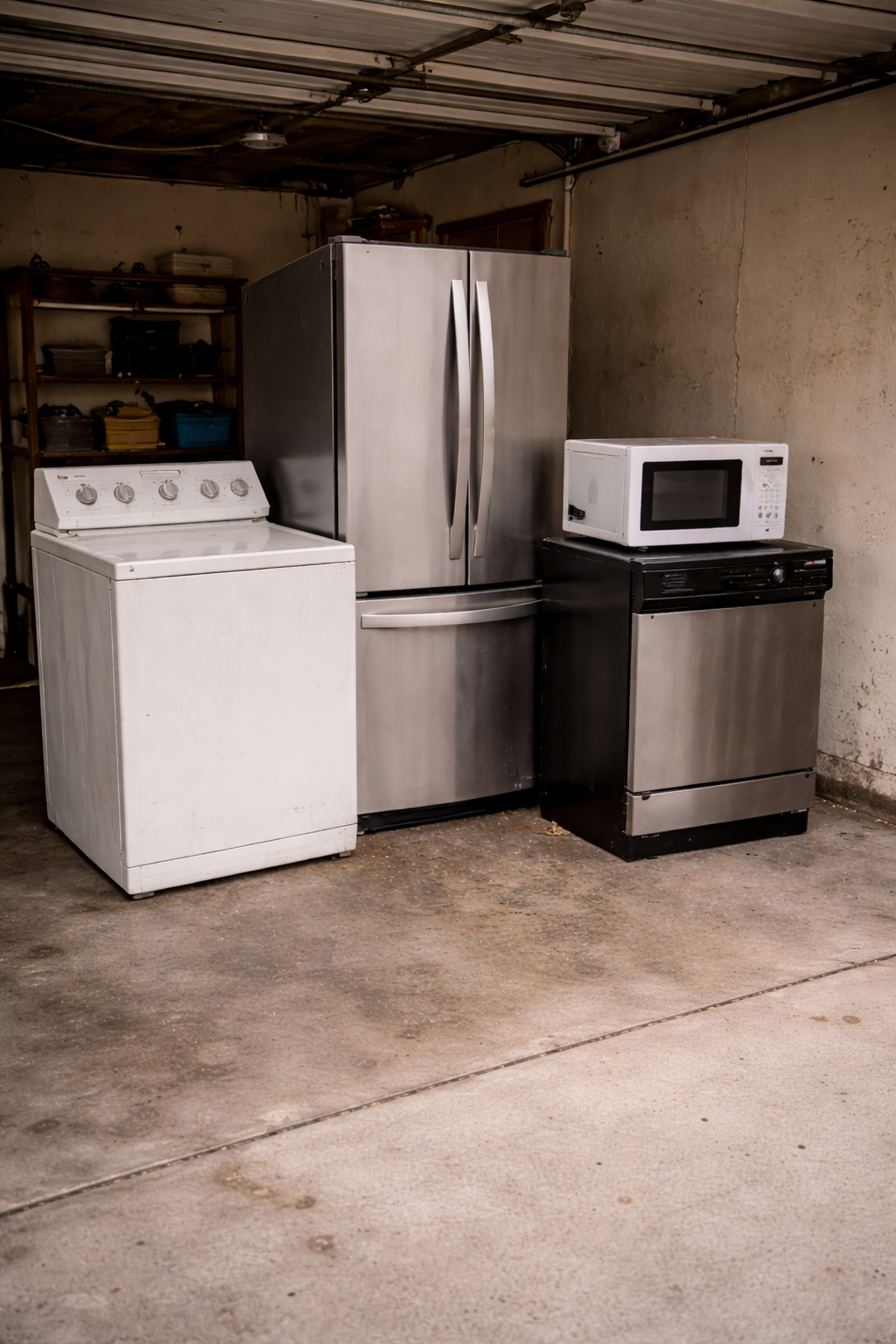 A laundry area with a white washing machine, a stainless steel refrigerator, a white microwave, and a black stove in a garage or basement setting.