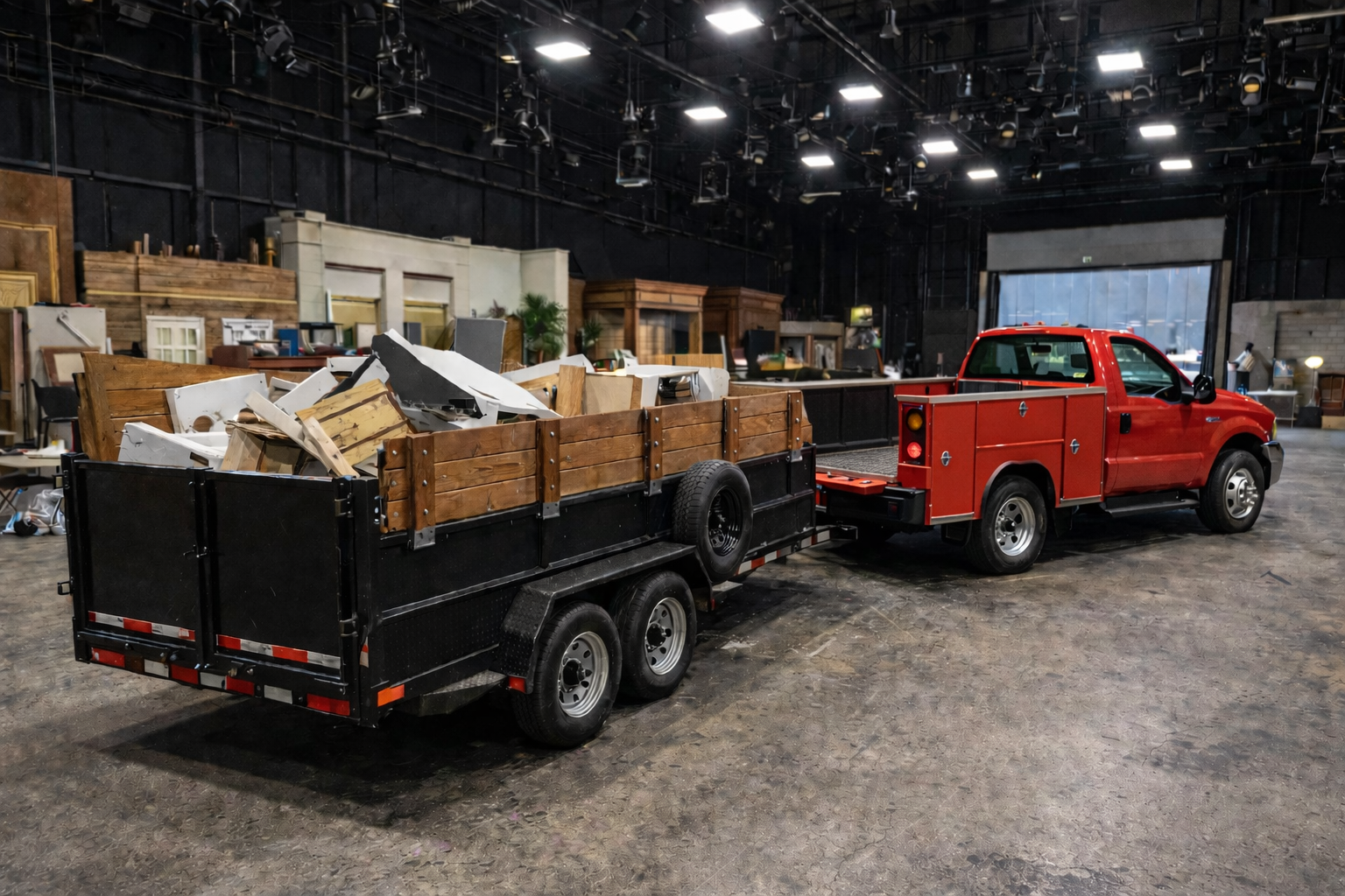 Red utility truck with flatbed trailer carrying discarded furniture and debris inside a warehouse or workshop.