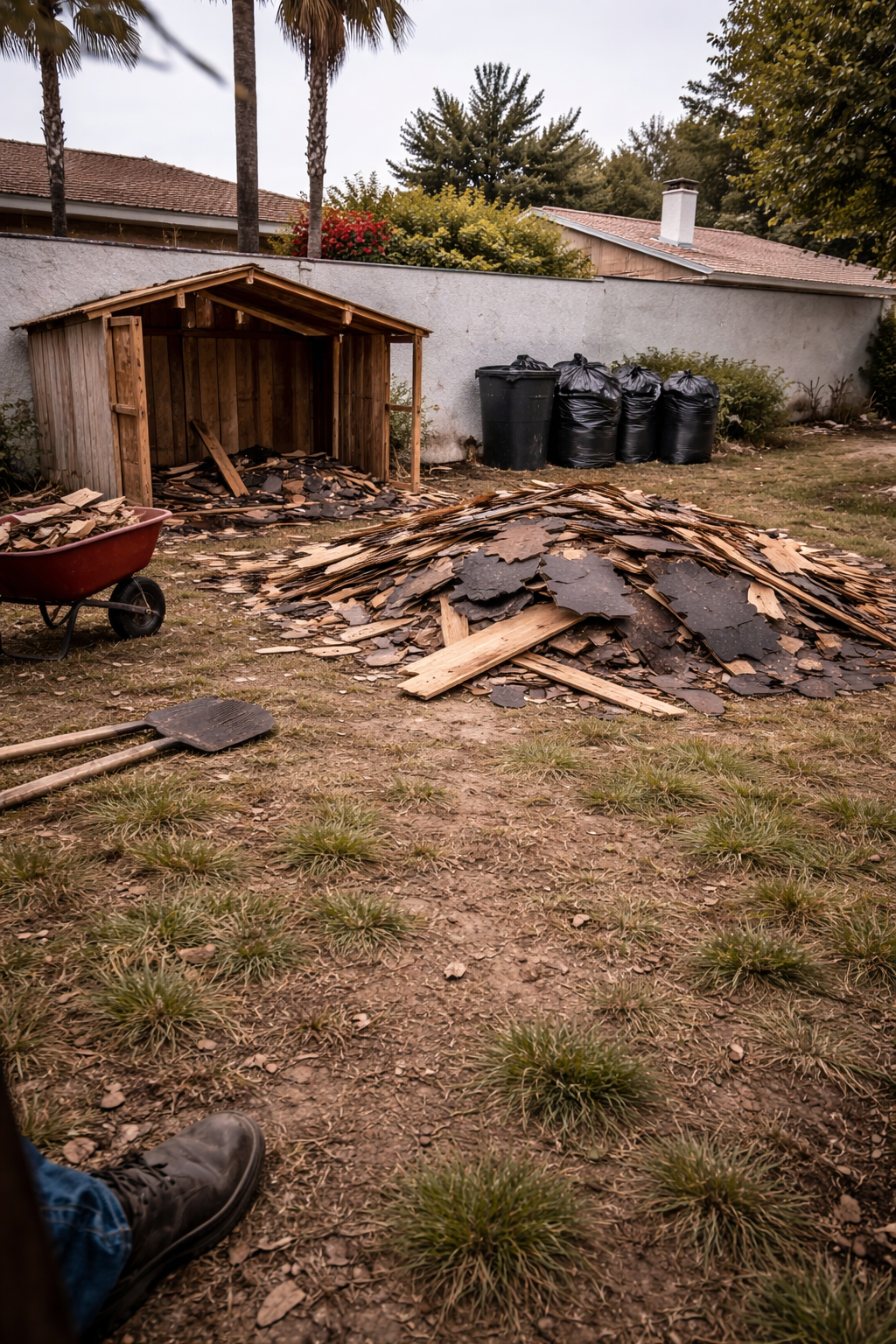A backyard scene with a pile of broken asphalt shingles and wood planks in the foreground. There is a small wooden shed to the left, black garbage bins and trash bags along the fence, and a red wheelbarrow. The yard has patchy grass and dirt, and tall trees and houses are visible in the background.