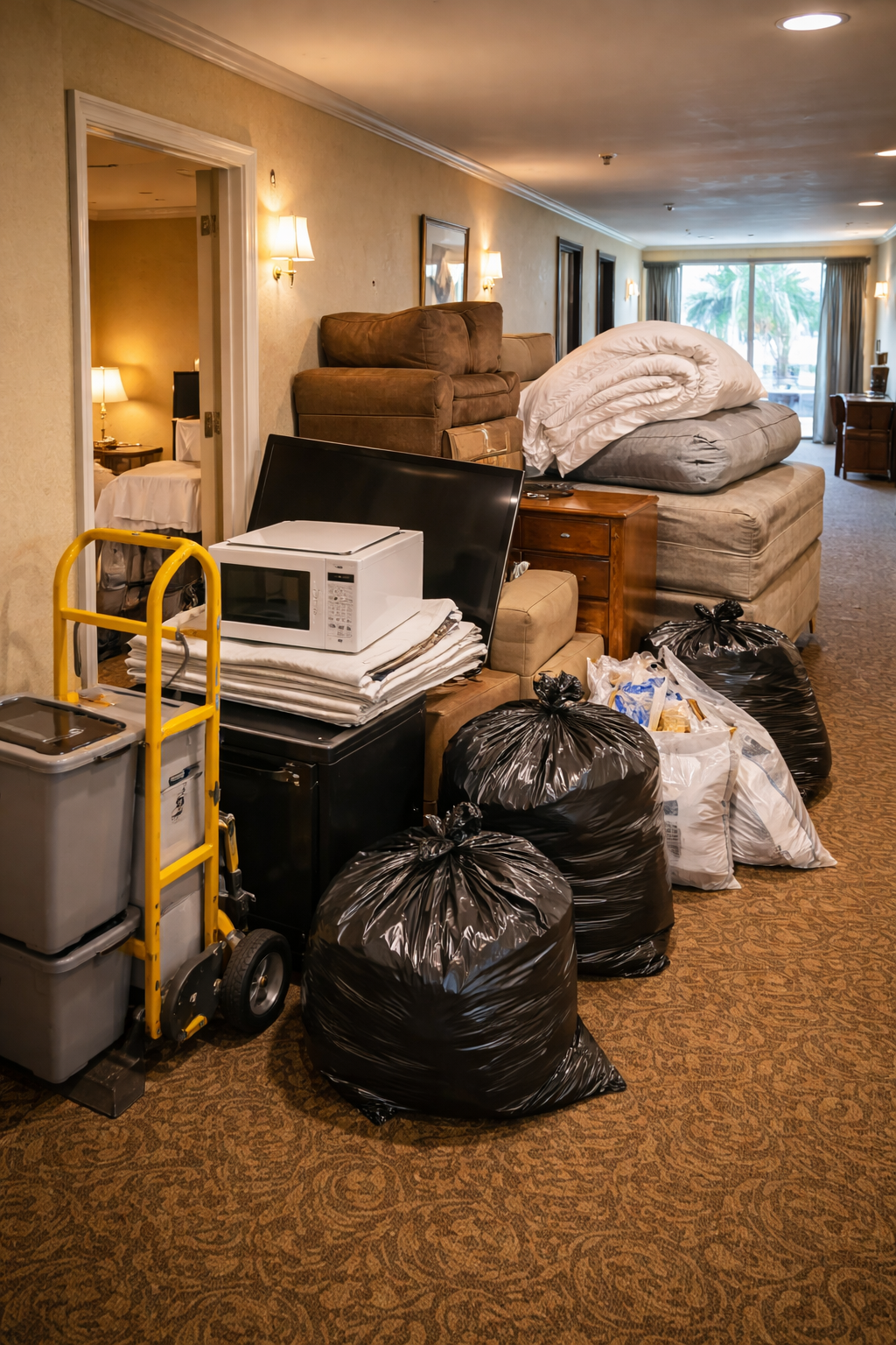 Hotel room cluttered with garbage bags, a microwave, a TV, and furniture, with a view of palm trees outside window.