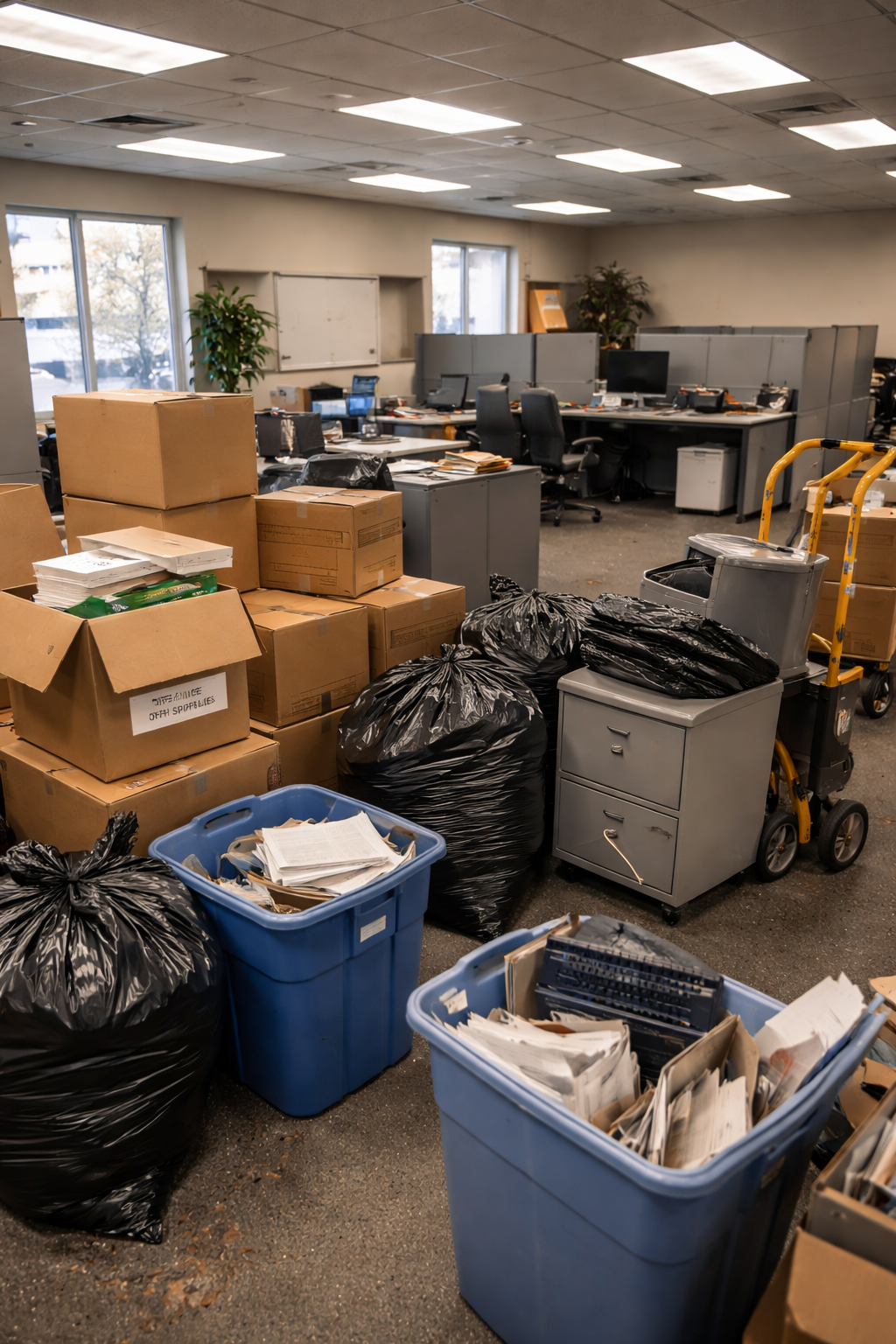 Office with scattered boxes, trash bags, and cluttered desks, indicating a messy workspace or cleanup in progress.