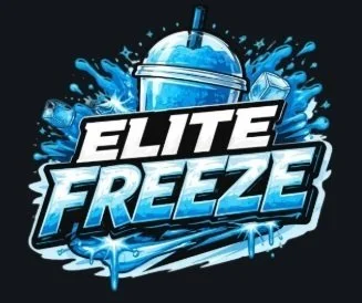 Logo for Elite Freeze featuring a blue slush cup with a straw surrounded by splashes of icy blue liquid.