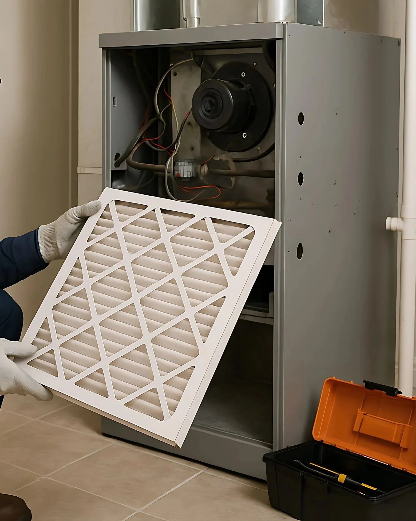 Person removing and replacing a furnace filter in a furnace unit.