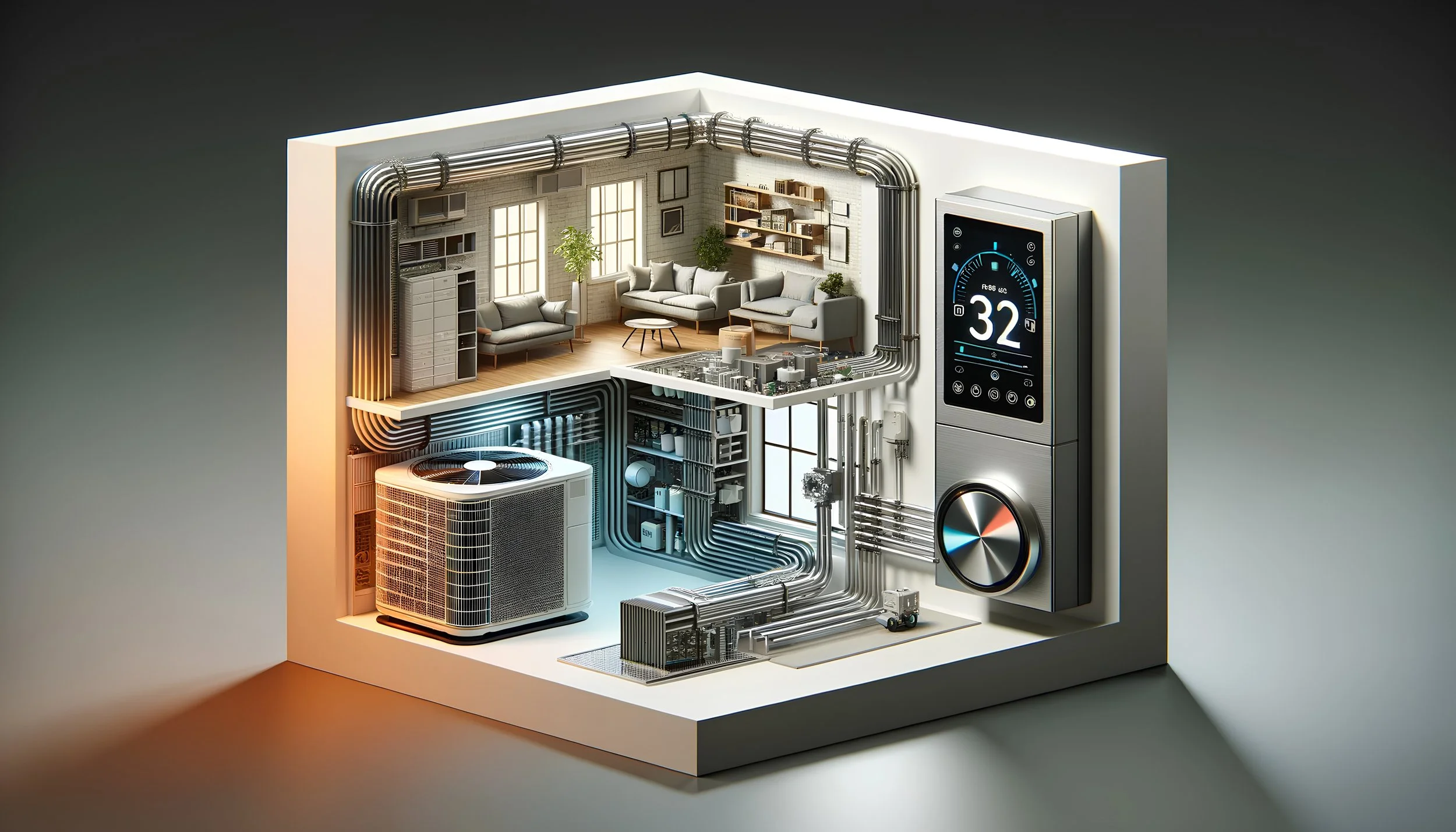 Cross-sectional illustration of a modern home with heating and cooling systems, showing living room furniture, pipes, and a control panel.