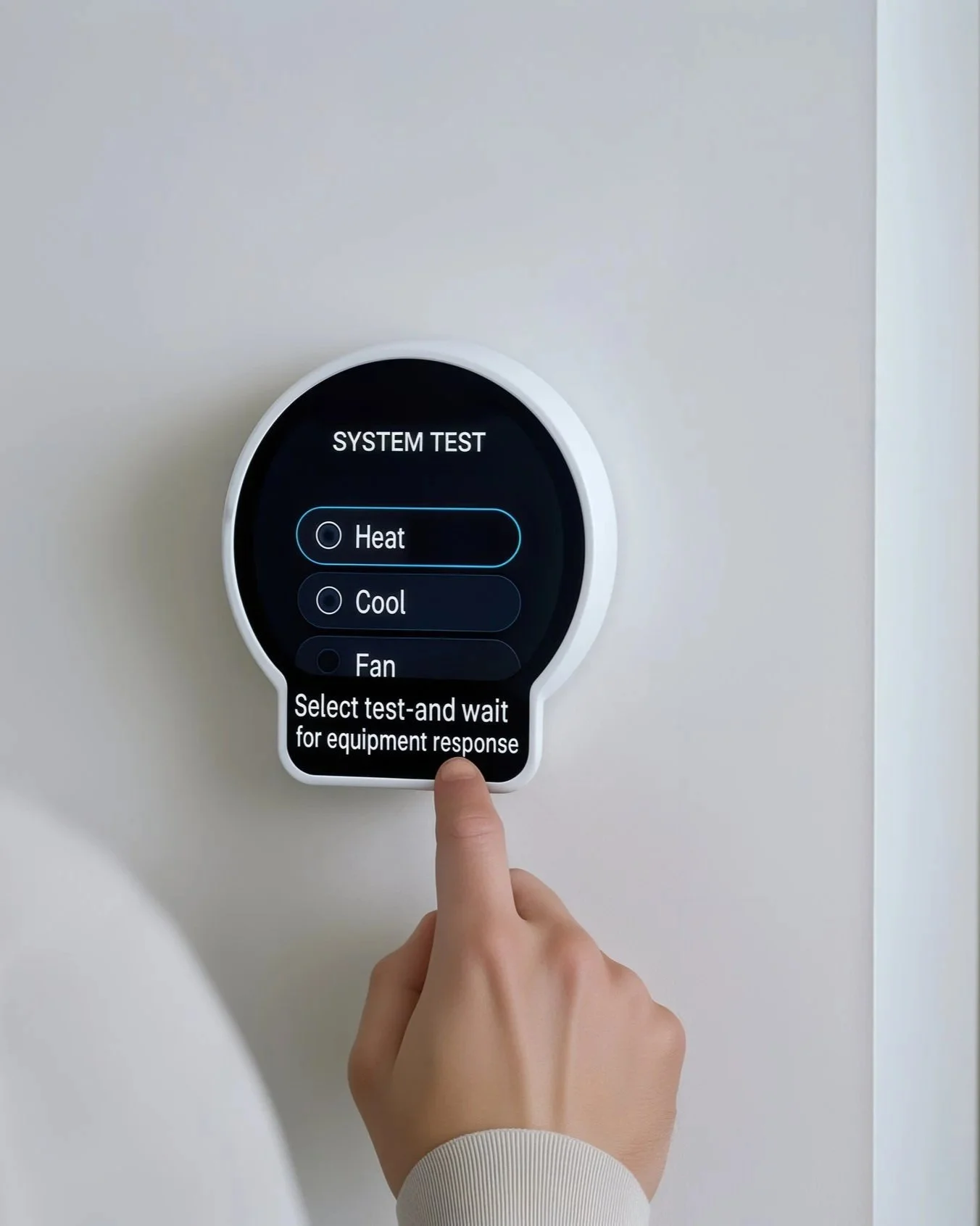 A person is using a touchscreen device to select 'Heat' option on a system test menu.