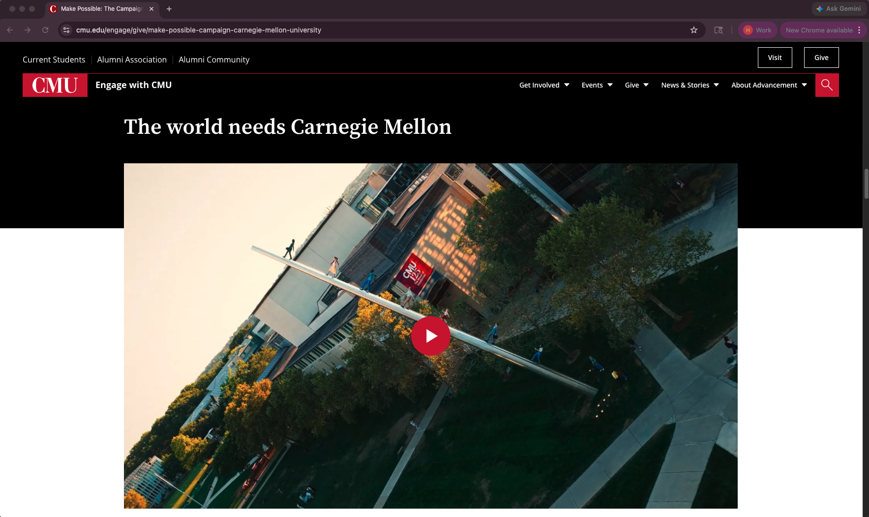 Aerial view of Carnegie Mellon University campus with trees, pathways, and a building displaying a CMU sign. People are walking outside on the campus.