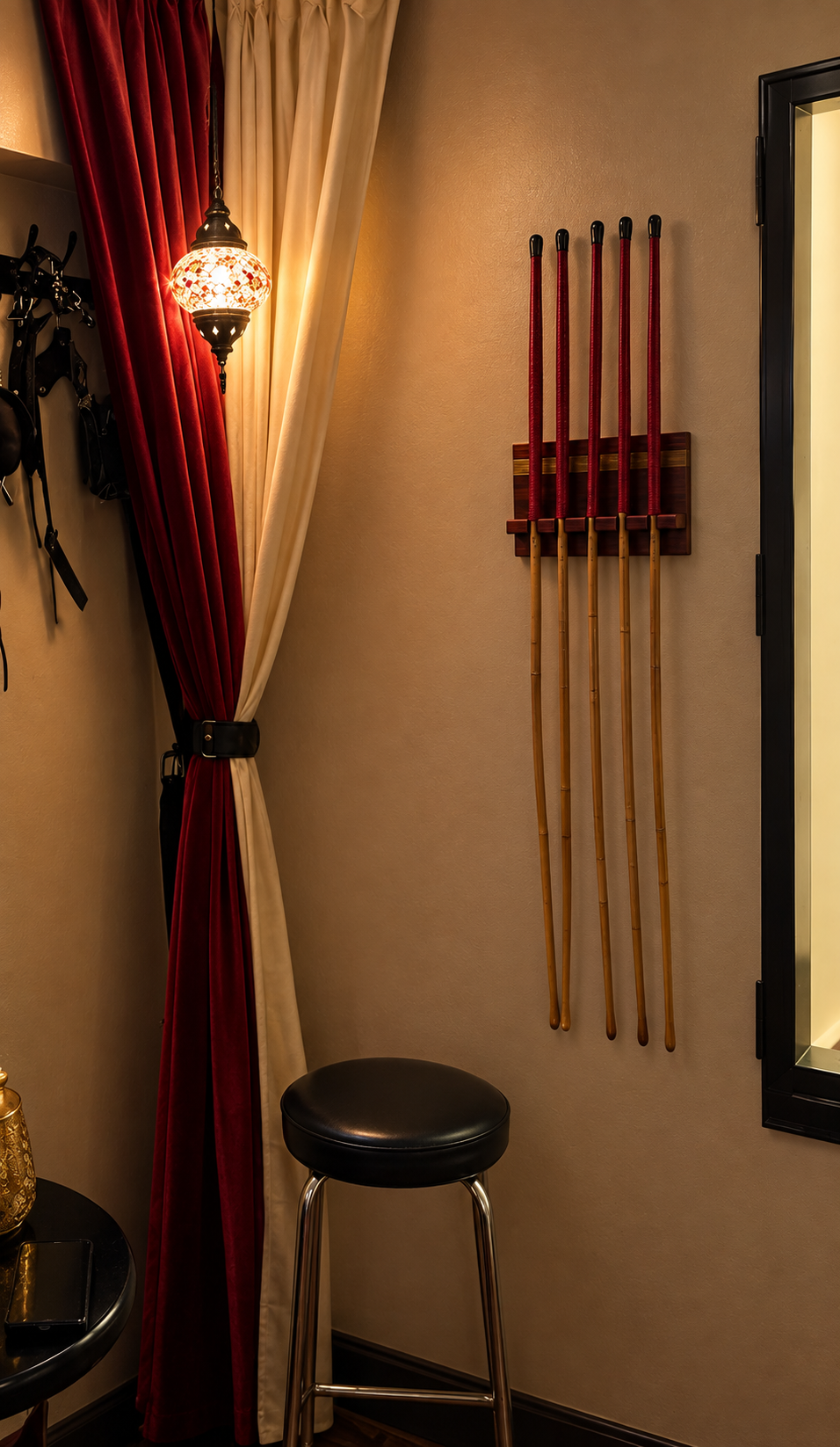 Indoor corner with beige wall, red and cream curtains, hanging lantern light, coat hooks, some riding crops with red handles on a wooden holder, and a black padded stool.