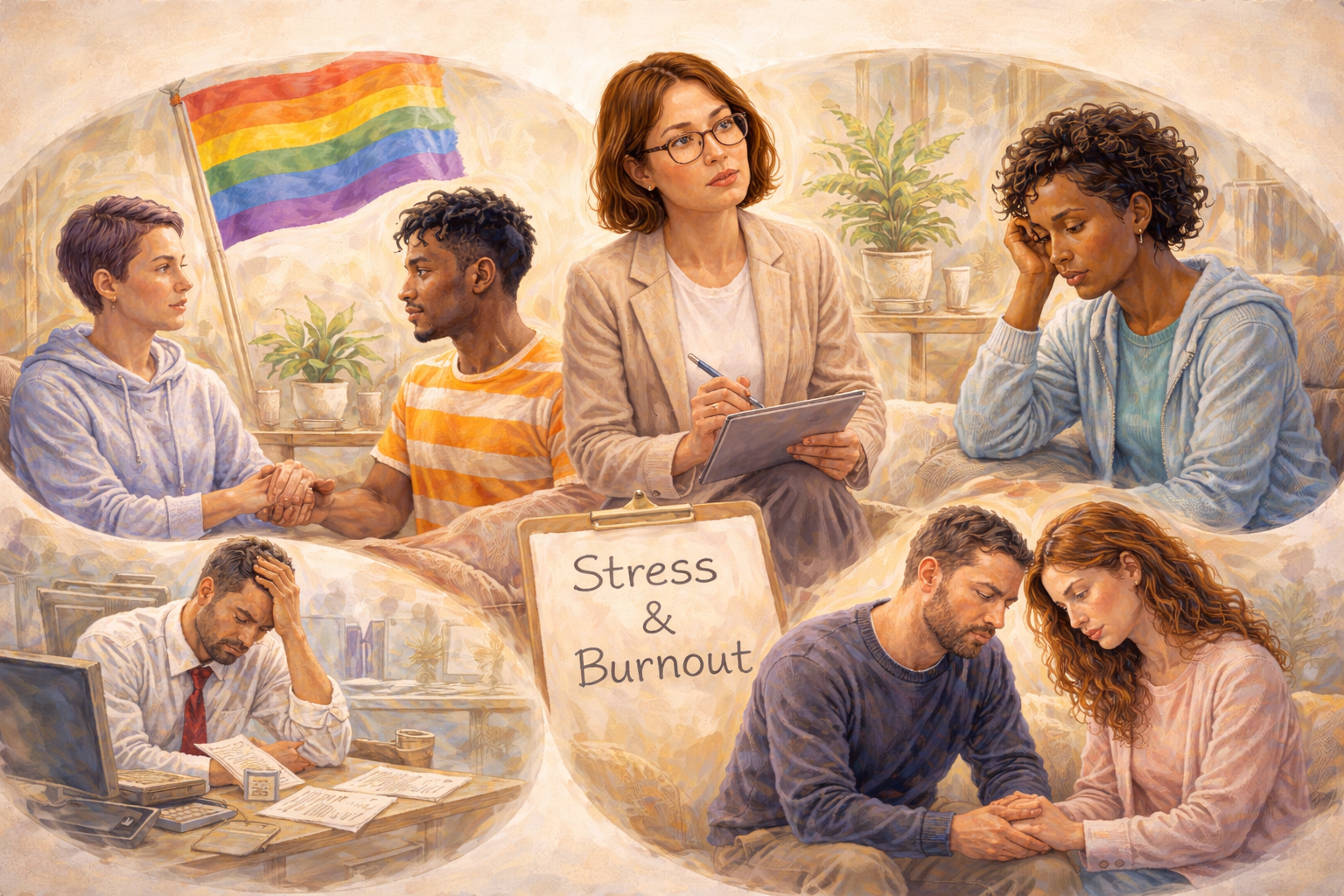 Illustration of diverse people experiencing stress and burnout, including a couple holding hands, a woman taking notes, a woman distressed, a man overwhelmed with paperwork, and a couple holding hands, with a sign reading 'Stress & Burnout' in the center.