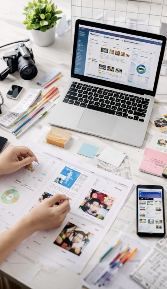 A cluttered workspace with a person reviewing magazine pages, a laptop displaying social media, a smartphone showing a similar webpage, a camera, pens, sticky notes, and a potted plant.