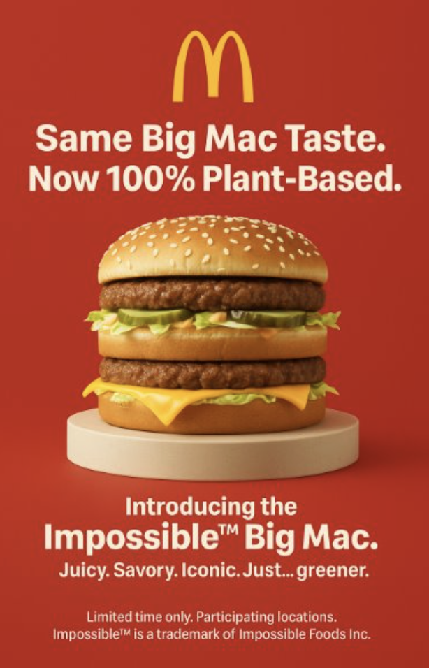 A McDonald's advertisement showcasing the Impossible Big Mac, a plant-based burger with two beef patties, lettuce, pickles, cheese, and a sesame seed bun, against a red background.
