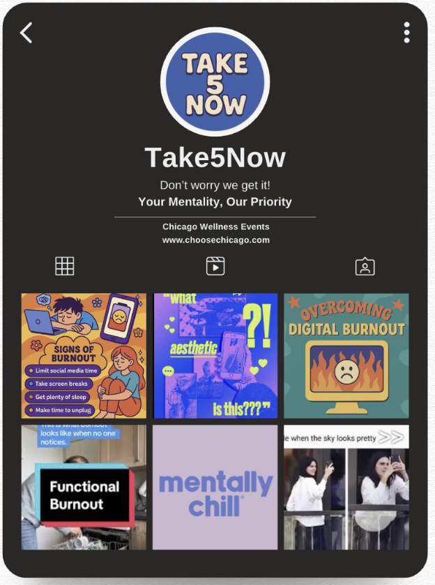 A social media post for Take5Now, a mental health and wellness organization, featuring colorful graphics and text about burnout, digital overload, and self-care tips.