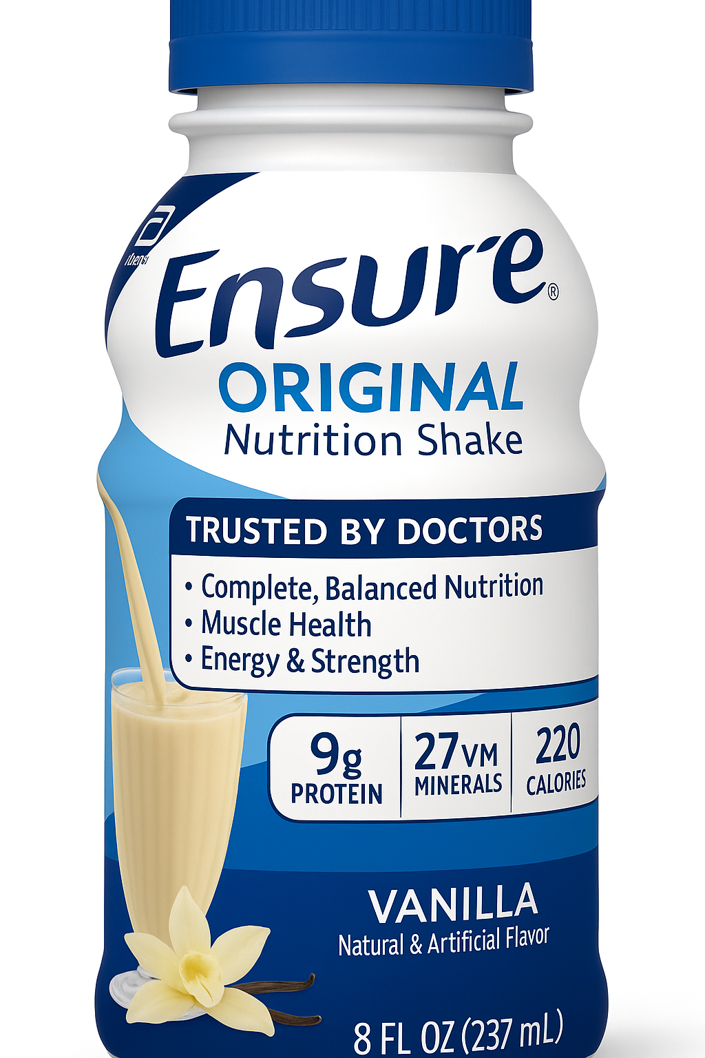 Front of a Ensure Original Nutrition Shake bottle with vanilla flavor, showing nutritional claims and product info.