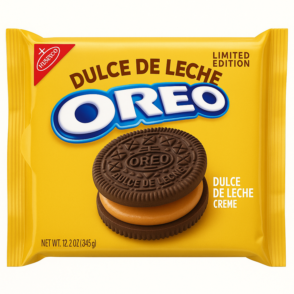 Yellow package of limited edition Oreo cookies with milk, with an image of a chocolate cookie with caramel and cream filling.