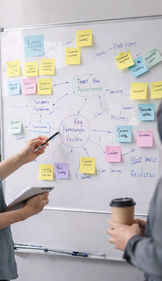 Two people are having a discussion in front of a whiteboard filled with notes and diagrams. One person points to the board with a pen, holding a notepad, while the other holds a coffee cup. The whiteboard contains colorful sticky notes and handwritten notes about key permissions and email presence.