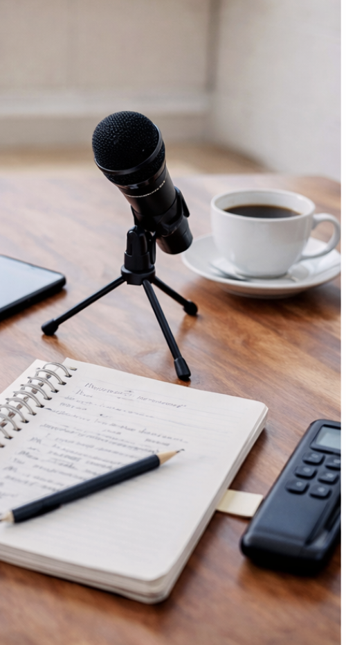 A microphone on a small tripod, a cup of coffee on a saucer, a notepad with a pen, a remote control, and part of a tablet on a wooden desk.