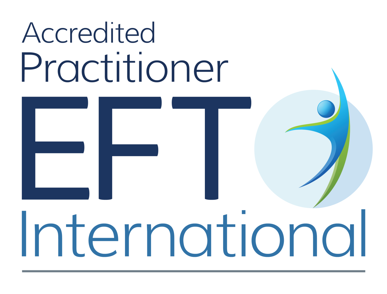 Logo with the words 'Accredited Practitioner EFT International' and a stylized figure of a person in blue and green inside a light blue circle.
