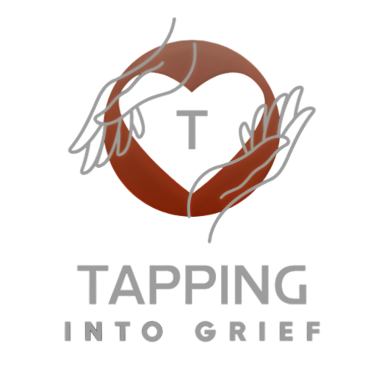 A thumbtack held by two stylized hands forming a circle around the letter T, with the words "Tapping into GRIEF" below.