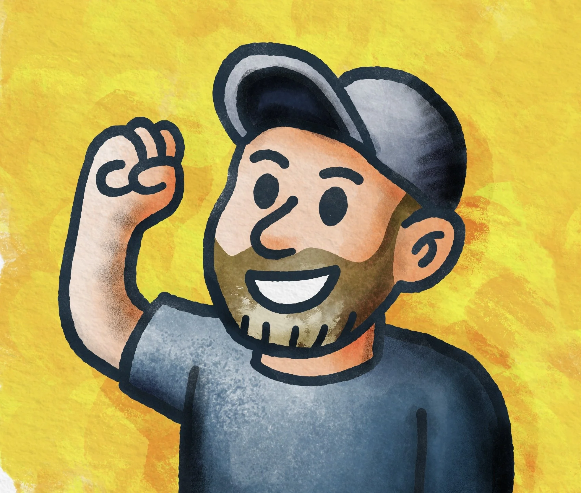 Cartoon drawing of Greg Bro wearing a hat