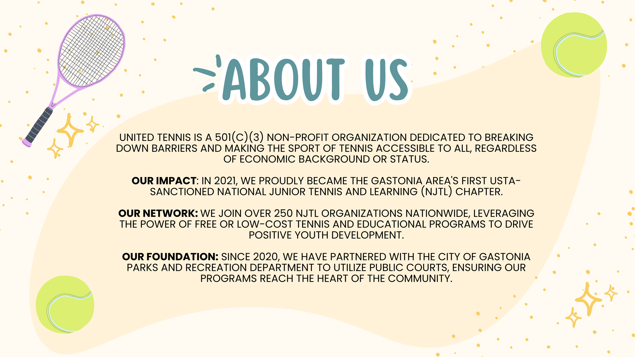 Graphic featuring tennis rackets, tennis balls, and sparkles, with text about United Tennis organization and its mission.