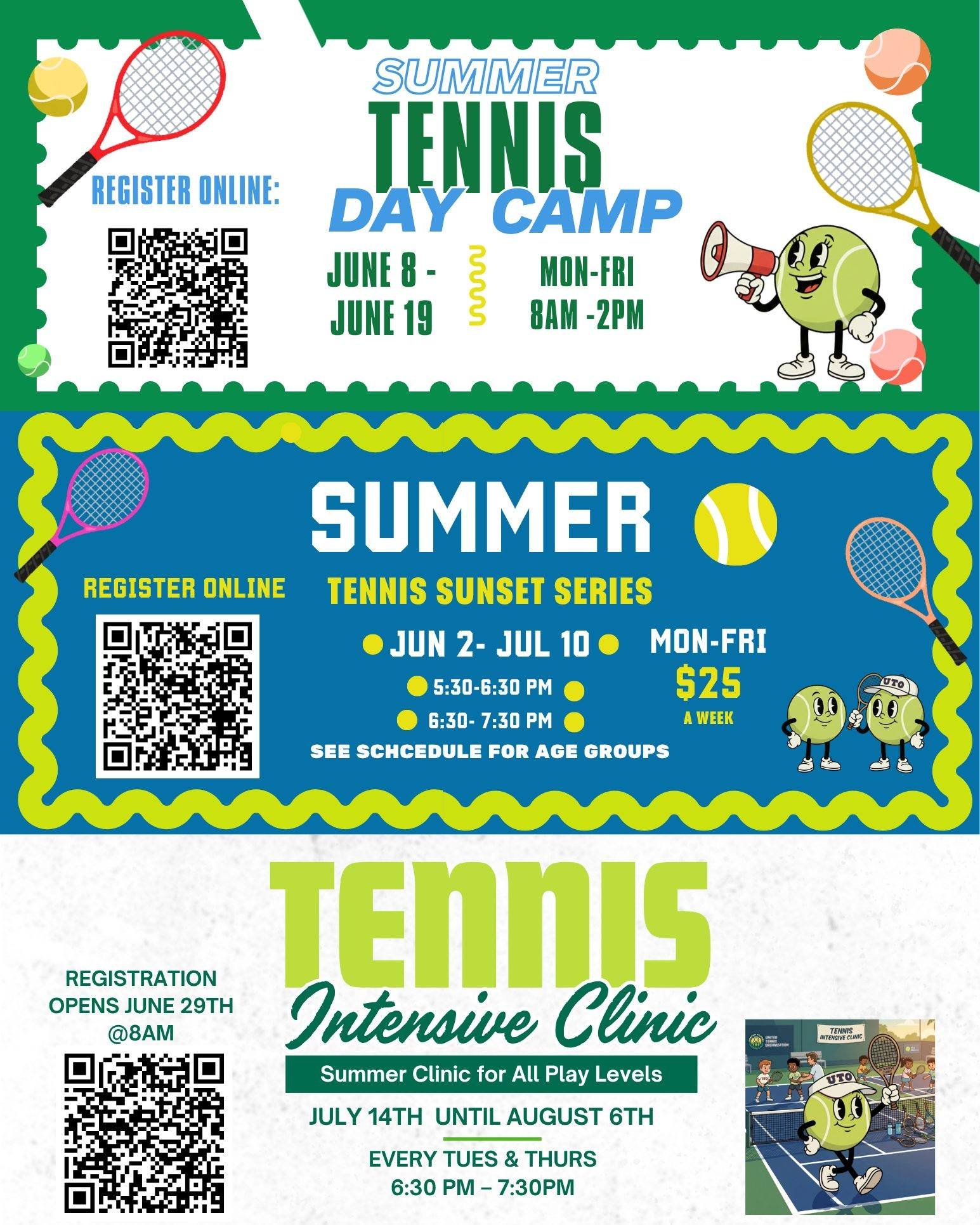 Summer is right around the corner, and our courts are going to be busy!

Whether you're looking for a full morning at our Day Camp , casual evening vibes at our Sunset Series , or wanting to level up your skills at our Intensive Clinic, we have a spo