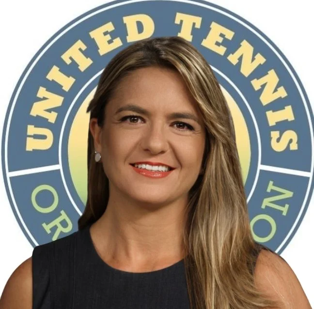 A woman with long blonde hair smiling in front of a United Tennis Organization logo.
