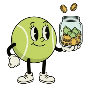 A cartoon tennis ball character holding a jar of coins and cash.