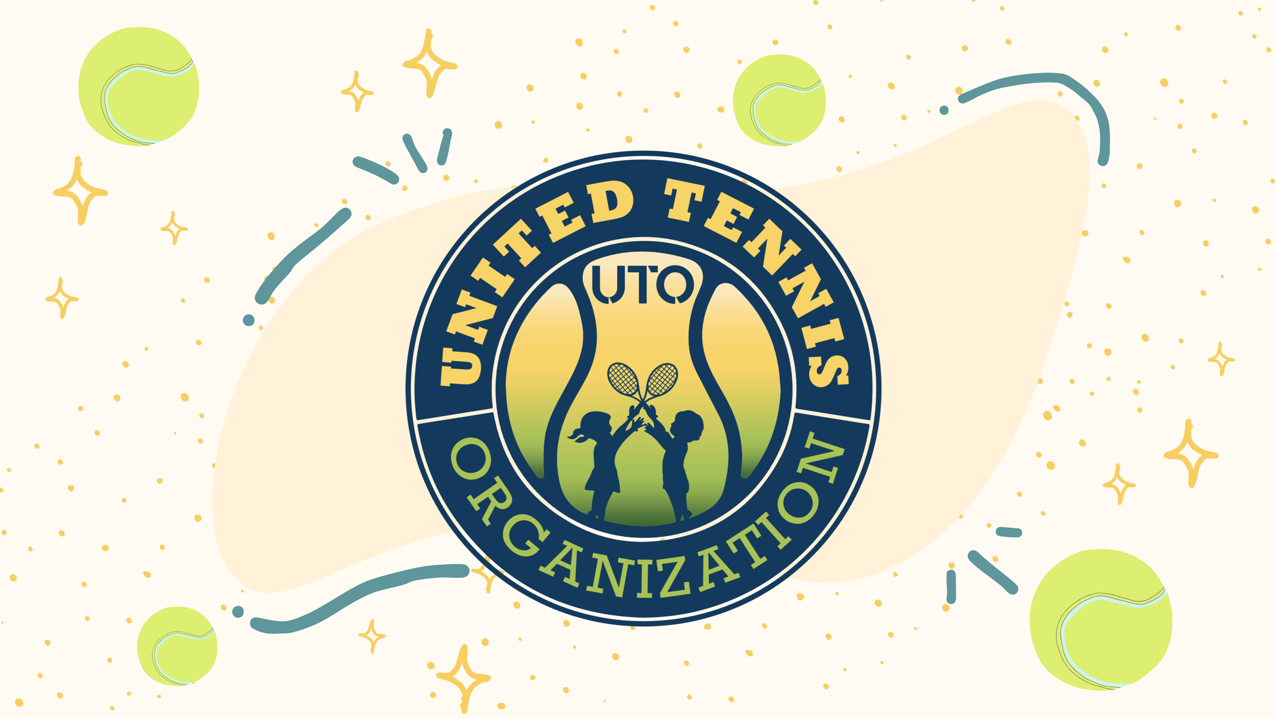 United Tennis Organization logo featuring two children exchanging tennis rackets, surrounded by tennis balls, stars, and decorative lines on a light background.