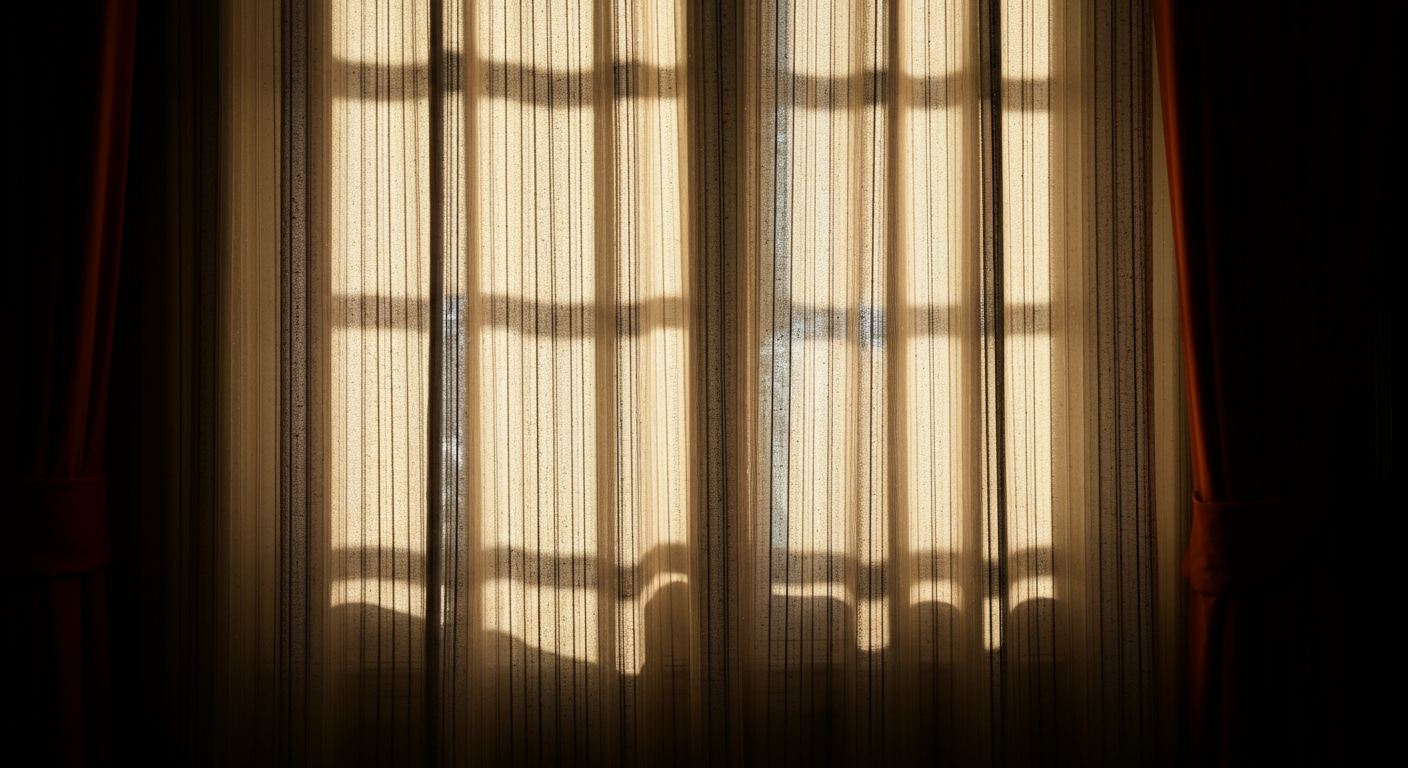Sunlight shining through a window with sheer curtains, casting shadows of chairs and a side table on the curtains.
