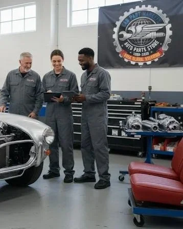 Three auto mechanics in gray coveralls examining a tablet in an automotive repair shop, with a classic car in the foreground and auto parts on workbenches in the background.
